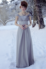 A-line Off-the-shoulder Floor Length Chiffon Beading Evening Dress-Ballbella