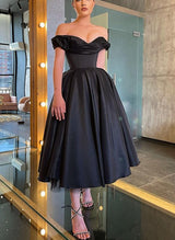 A-Line Off-The-Shoulder Satin Black Homecoming Dresses With Tea-Length-Ballbella