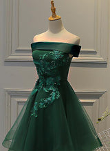 A-line Off-the-Shoulder short sleeves Tulle Satin Short/Mini Homecoming Dress With Appliques Lace Beading-Ballbella