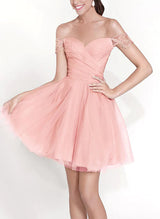 A-Line Off-The-Shoulder Short/Mini Tulle Homecoming Dresses With Appliques Lace-Ballbella