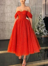A-Line Off-The-Shoulder Sleeveless Tea-Length Homecoming Dresses-Ballbella