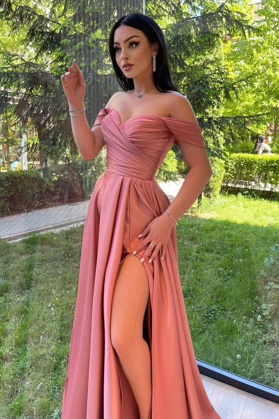 A-Line Off-The-Shoulder Sweetheart High Split Floor-Length Open Back Prom Dress A-Line Off-The-Shoulder Sweetheart High Split Floor-Length Open Back Prom Dress