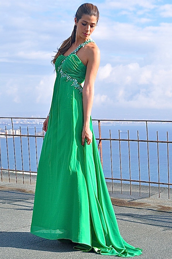 A-line One-shoulder Floor Length Chiffon Applique Backless Evening Dress A-line One-shoulder Floor Length Chiffon Applique Backless Evening Dress