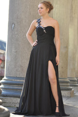 A-line One-shoulder Floor Length Chiffon Front Slit Rhinestone Prom Dress-Ballbella