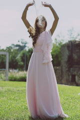 A-line One-shoulder Floor Length Chiffon Hanging Ribbon Prom Dress-Ballbella