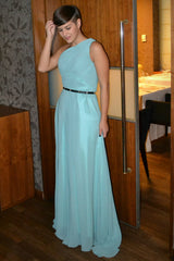 A-line One Shoulder Floor Length Sleeveless Chiffon Evening Dress-Ballbella