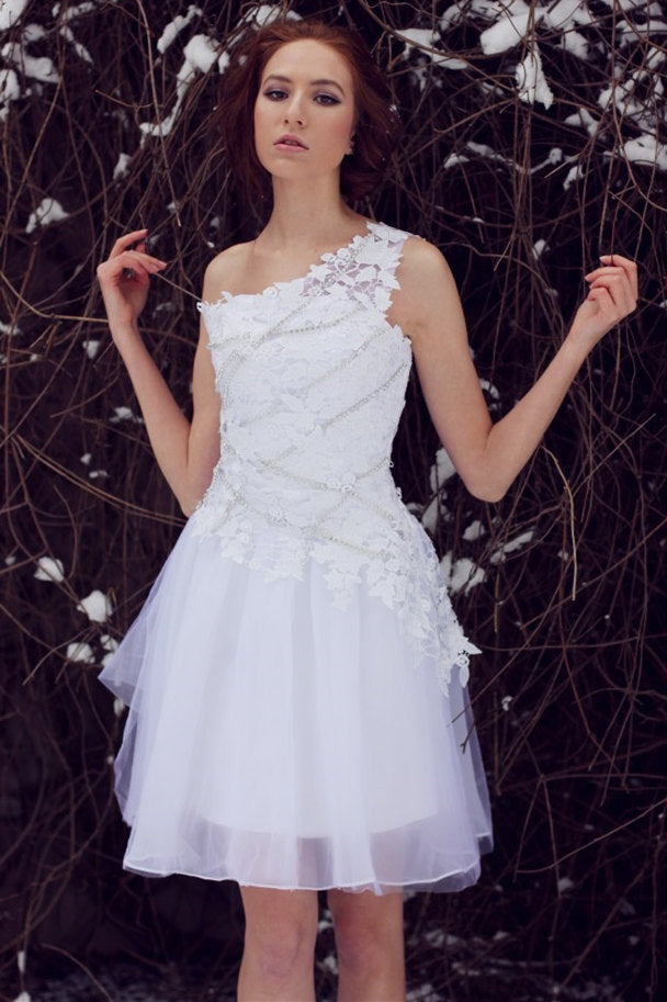 A-line One-shoulder Knee Length Tulle Lace Applique Prom Dress A-line One-shoulder Knee Length Tulle Lace Applique Prom Dress