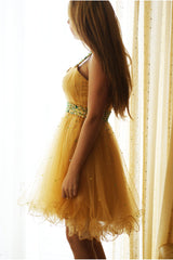 A-line One-shoulder Knee Length Tulle Rhinestone Prom Dress-Ballbella