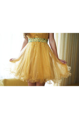 A-line One-shoulder Knee Length Tulle Rhinestone Prom Dress-Ballbella