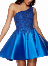 A-Line One-Shoulder Short/Mini Lace/Satin Homecoming Dresses-Ballbella