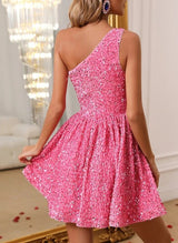 A-Line One-Shoulder Sleeveless Short/Mini Sequined Homecoming Dresses-Ballbella