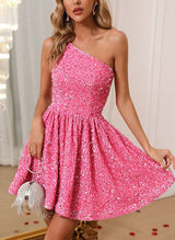 A-Line One-Shoulder Sleeveless Short/Mini Sequined Homecoming Dresses-Ballbella