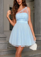 A-Line One-Shoulder Sleeveless Short/Mini Tulle Homecoming Dresses-Ballbella