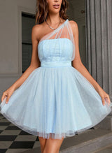 A-Line One-Shoulder Sleeveless Short/Mini Tulle Homecoming Dresses-Ballbella
