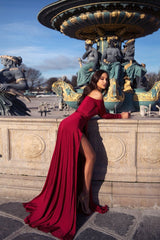 A-line Portrait V-neck Long Sleeve Front Slit Floor Length Chiffon Evening Dress-Ballbella