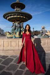 A-line Portrait V-neck Long Sleeve Front Slit Floor Length Chiffon Evening Dress-Ballbella