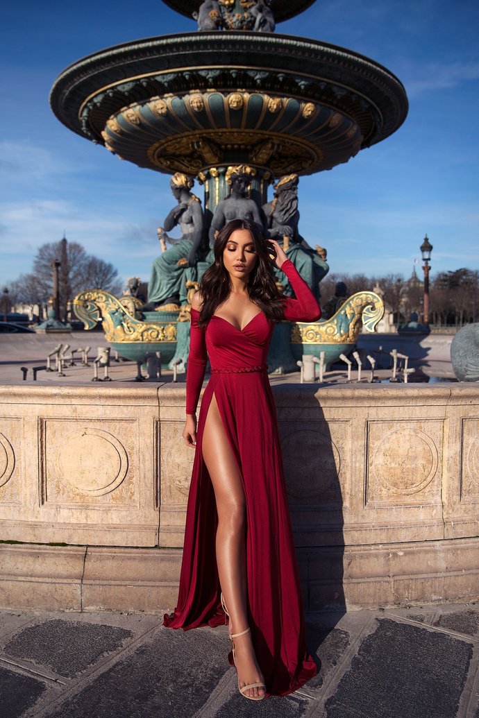 A-line Portrait V-neck Long Sleeve Front Slit Floor Length Chiffon Evening Dress A-line Portrait V-neck Long Sleeve Front Slit Floor Length Chiffon Evening Dress