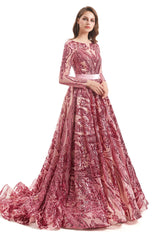 A-line Round Lace Sequined Floor-length Long Sleeve Open Back Prom Dress-Ballbella