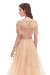 A-line Round Sequined Floor-length Cap Sleeve Open Back Appliques Lace Prom Dress-Ballbella