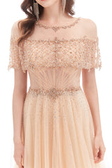 A-line Round Sequined Floor-length Cap Sleeve Open Back Appliques Lace Prom Dress-Ballbella