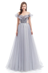 A-line Round Sequined Floor-length Cap Sleeve Open Back Appliques Lace Prom Dress-Ballbella