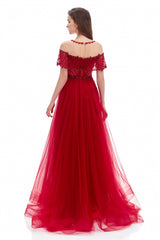 A-line Round Sequined Floor-length Cap Sleeve Open Back Appliques Lace Prom Dress-Ballbella
