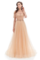 A-line Round Sequined Floor-length Cap Sleeve Open Back Appliques Lace Prom Dress-Ballbella