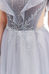 A-line Round Sequined Floor-length Cap Sleeve Open Back Appliques Lace Prom Dress-Ballbella