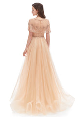 A-line Round Sequined Floor-length Cap Sleeve Open Back Appliques Lace Prom Dress-Ballbella