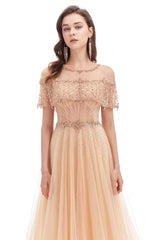 A-line Round Sequined Floor-length Cap Sleeve Open Back Appliques Lace Prom Dress-Ballbella