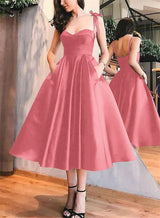 A-Line Satin Sweetheart Homecoming Dresses With Pockets-Ballbella