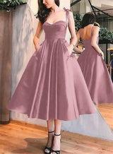 A-Line Satin Sweetheart Homecoming Dresses With Pockets-Ballbella