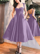A-Line Satin Sweetheart Homecoming Dresses With Pockets-Ballbella