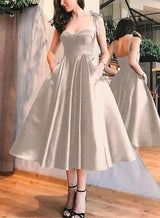 A-Line Satin Sweetheart Homecoming Dresses With Pockets-Ballbella