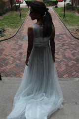 A-line Small Round Collar Floor Length Tulle Beaded Evening Dress-Ballbella