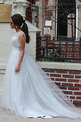 A-line Small Round Collar Floor Length Tulle Beaded Evening Dress-Ballbella