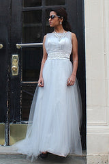 A-line Small Round Collar Floor Length Tulle Beaded Evening Dress-Ballbella