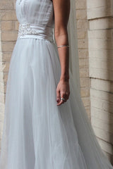 A-line Small Round Collar Floor Length Tulle Beaded Evening Dress-Ballbella