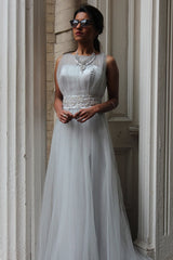 A-line Small Round Collar Floor Length Tulle Beaded Evening Dress-Ballbella