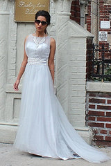 A-line Small Round Collar Floor Length Tulle Beaded Evening Dress-Ballbella