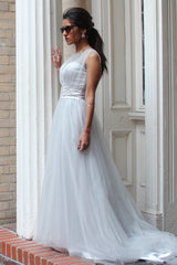 A-line Small Round Collar Floor Length Tulle Beaded Evening Dress-Ballbella