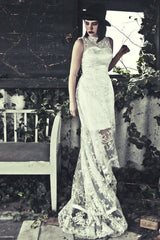 A-line Small Round Collar High-low Length Tulle Lace Applique Wedding Dress-Ballbella