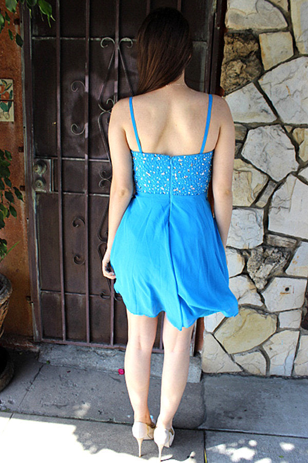 knee prom dresses A-line Spaghetti Strap Knee Length Chiffon Rhinestone Prom Dress