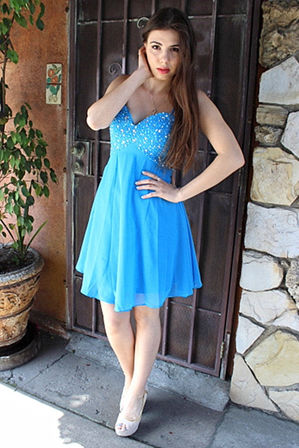 A-Line Spaghetti Strap Knee Length Chiffon Rhinestone Prom Dress A-Line Spaghetti Strap Knee Length Chiffon Rhinestone Prom Dress