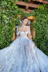 A-line Spaghetti strap Sweetheart Sleeveless High Split Floor-length Lace Puffy Flowers Wedding Dress-Ballbella