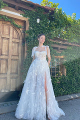 A-line Spaghetti strap Sweetheart Sleeveless High Split Floor-length Lace Puffy Flowers Wedding Dress-Ballbella