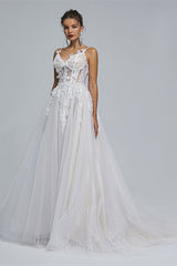 A-line Spaghetti strap Sweetheart Tulle Applique Floor-length Sleeveless Wedding Dress Cover-Ballbella