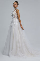 A-line Spaghetti strap Sweetheart Tulle Applique Floor-length Sleeveless Wedding Dress Cover-Ballbella