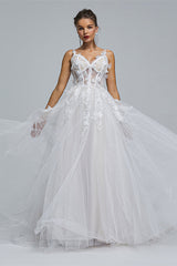 A-line Spaghetti strap Sweetheart Tulle Applique Floor-length Sleeveless Wedding Dress Cover-Ballbella