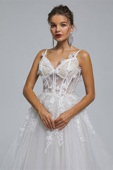 A-line Spaghetti strap Sweetheart Tulle Applique Floor-length Sleeveless Wedding Dress Cover-Ballbella